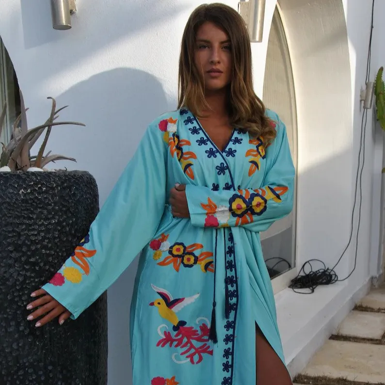スカイブルーメキシコ刺繍サマードレス婦人服エスニックヴィンテージコットンドレス