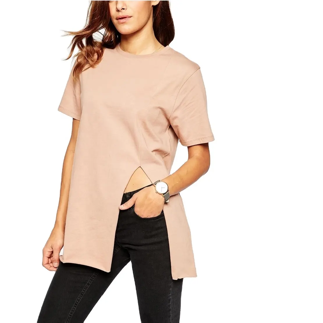 T-shirt da donna a lunga linea con spacco laterale oversize tinta unita logo personalizzato T-shirt elegante in cotone Extra lungo