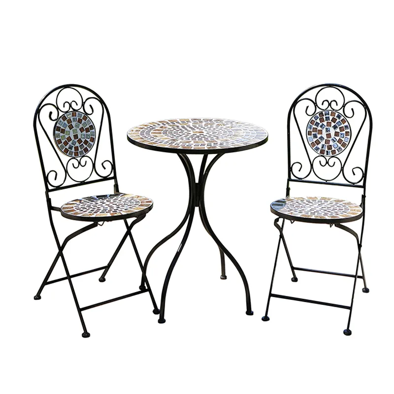 Conjunto de muebles plegables de exterior, mesa de mosaico y silla de comedor con 2 asientos, Bistro de Patio de Metal y hierro