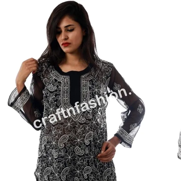 Beach Wear Boho Borduurwerk Tuniek-Bohemian Style Tops -Georgette Chikan Geborduurd Lange Kurti-Tunieken-Tops