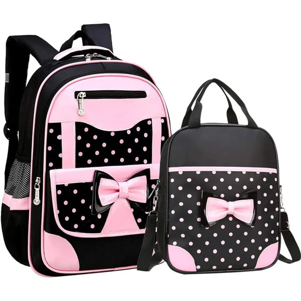 Conjunto de mochilas escolares personalizadas para niñas, mochila con estampado de puntos de onda y lazo