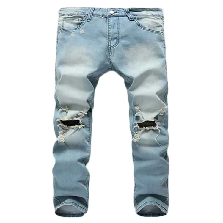 Fashion design di alta qualità personalizzato moda Vintage da uomo azzurro indossato buco stampato Jeans strappati in Denim lavato in pietra per uomo