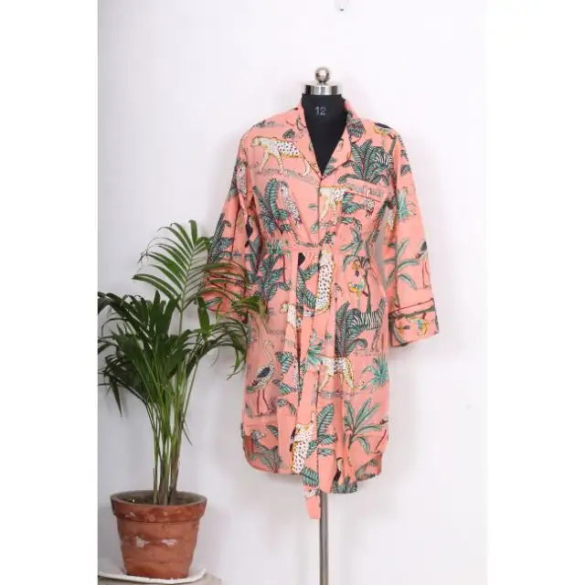 Jungle Print Lange Mouwen Loose Fit Shirt Indiase Handgemaakte 100% Pure Katoen Kimono Vrouwen Party Wear Jurk, wrap Jas Met Riem