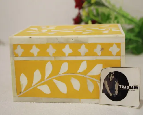 Tradnary Bone Inlay Doos In Geel Resin Met Blad Ontwerp & Cuboid Vorm Sieraden Doos, Opbergdoos, gift Box & Verpakking T/T