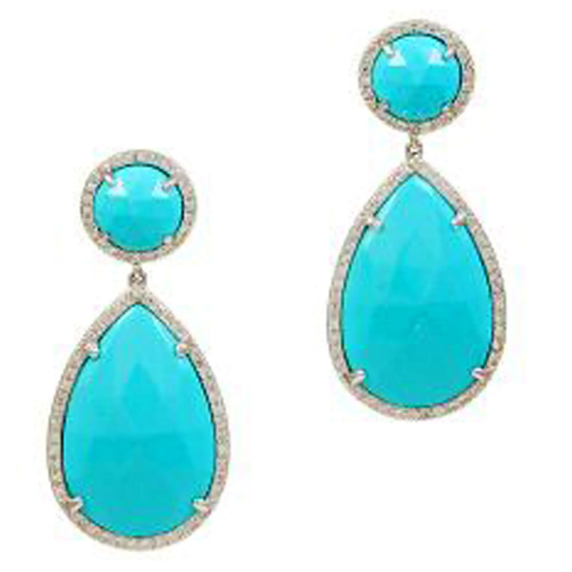 Boucles d'oreilles naturelles, turquoises et diamant 18 k, or blanc, bijoux faits à la main