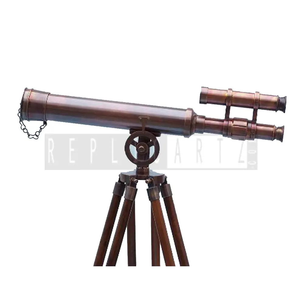 Ottone antico doppio barile telescopio di design con treppiede in legno pavimento in piedi telescopio per l'escursionismo, Travelling regalo nautico