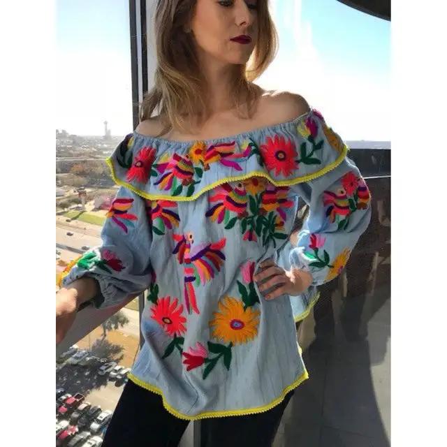 Blusa bordada mexicana de tela 100% algodón mangas largas diseño de flores multicolor Bohemia