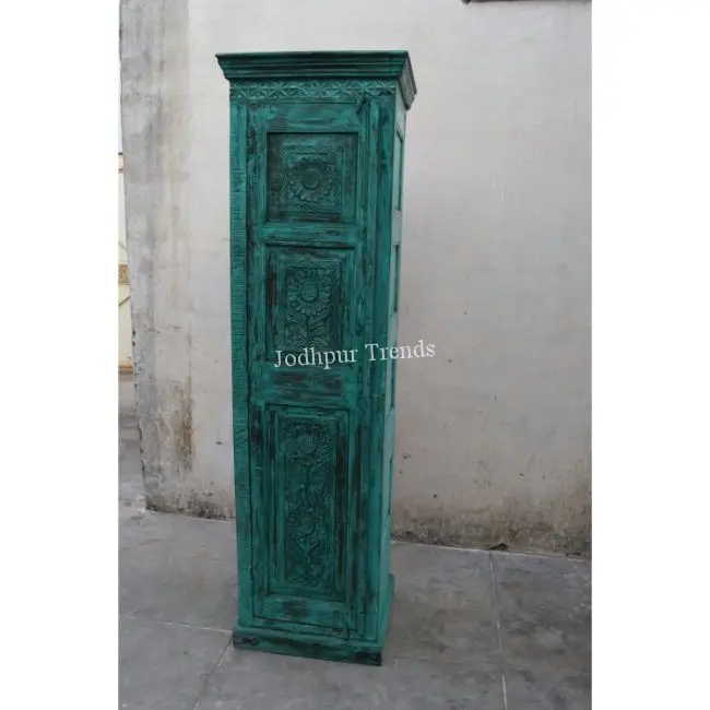 Art Deco Single Door Carved Cabinet Workspace Accent Furniture Almirah