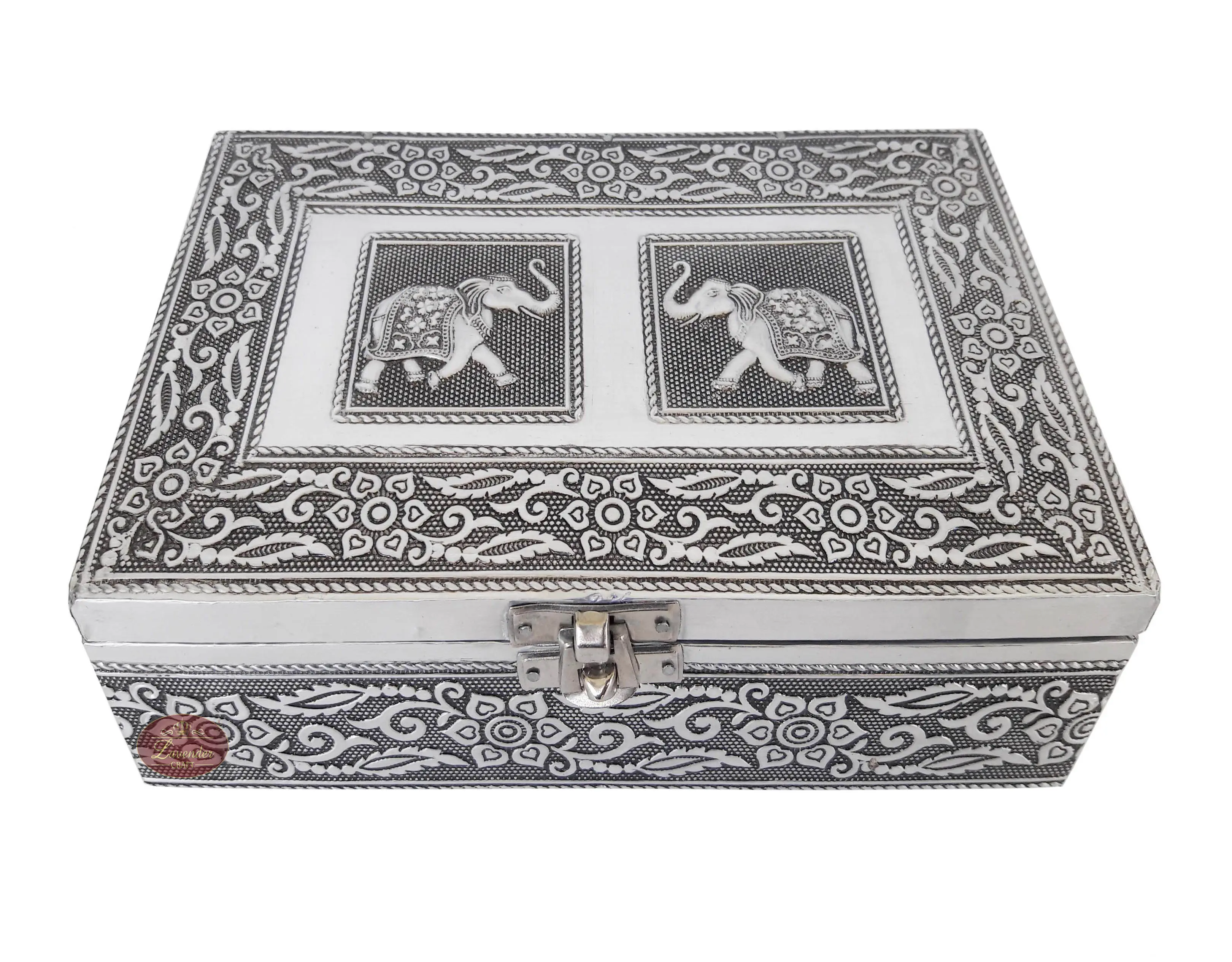 Double éléphant ANTIQUE en silicone (8 "x 5" x 2 "), boîte-cadeau, bijoux faits à la main, finition métallique argentée