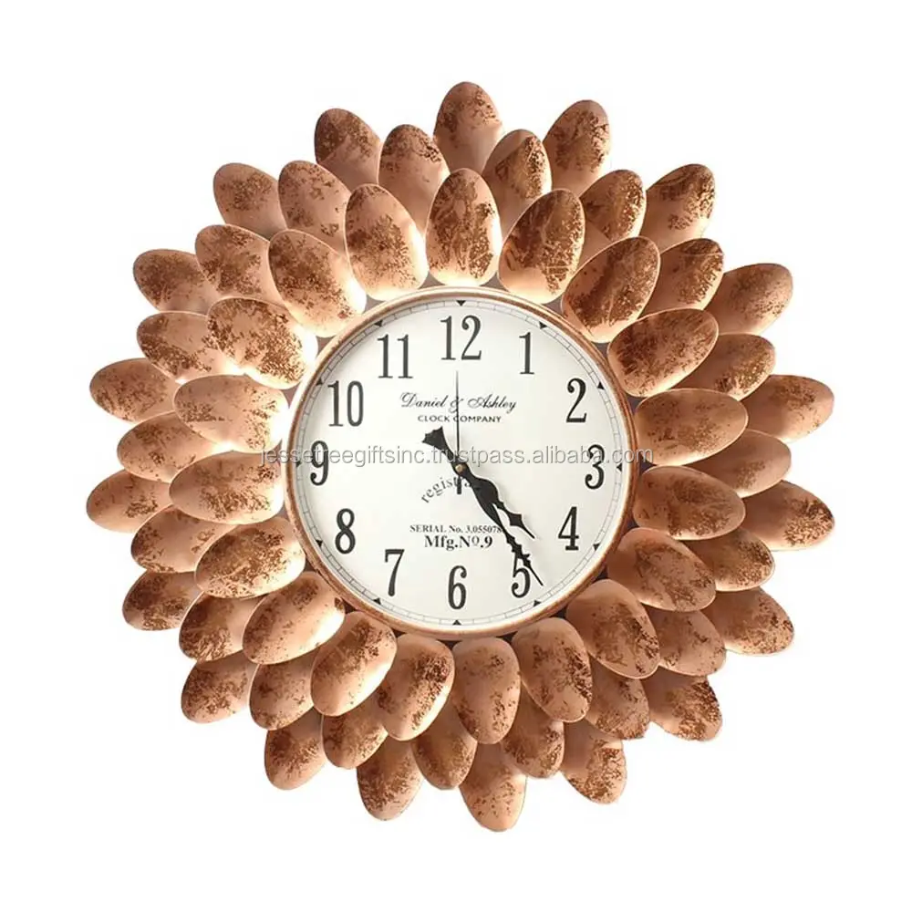 Reloj de pared analógico decorativo de hoja de Metal, diseño floral para decoración del hogar y la sala de estar, acabado con revestimiento de polvo de cobre