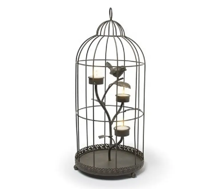 Soporte de vela con forma de jaula de pájaro, hierro recubierto de negro, hecho a mano, fabricante al por mayor, venta directa de fábrica