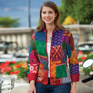 İpek Patola Kantha ceket uzun çiçek kollu bayanlar geri dönüşümlü ceket Gudri Jacke hint Patchwork Vintage tasarım kantha kapitone