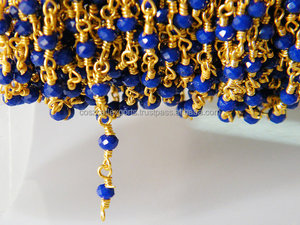 Lapis Color Faceted Beads Wire Wrapped <span class=keywords><strong>3</strong></span>ミリメートルBeaded <span class=keywords><strong>Chain</strong></span> 24 18k Gold Plated Rosary <span class=keywords><strong>Chain</strong></span>