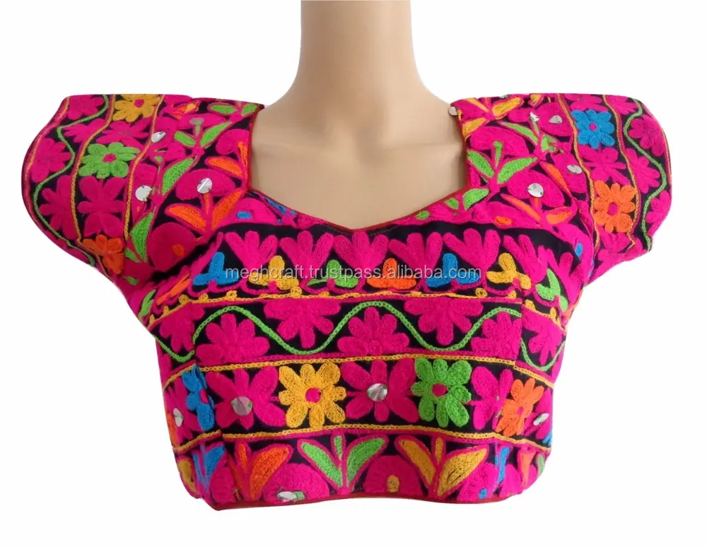 Blusas bordadas hechas a mano para mujer, blusa bordada de algodón, estilo indio kutch, 2016