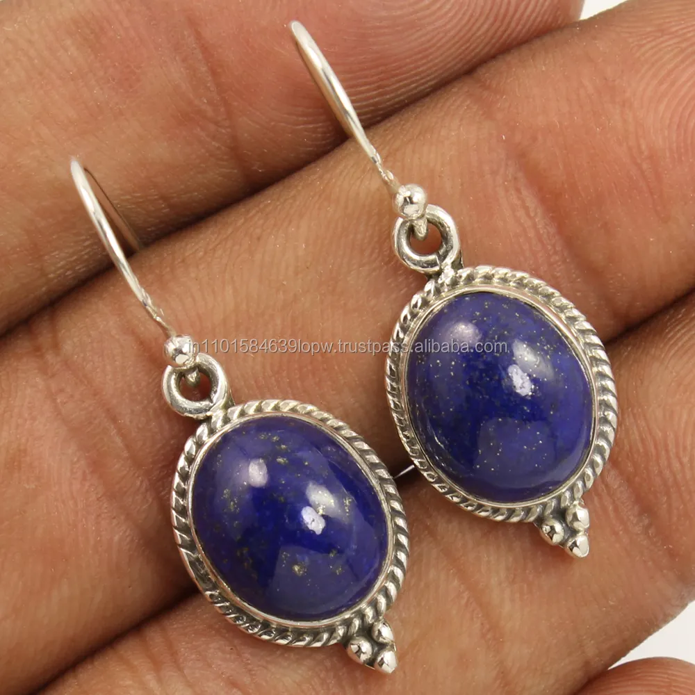 Cabujón étnico hecho a mano pendientes de Gota Azul Natural LAPIS LAZULI piedras preciosas 925 plata esterlina sólida joyería Linda