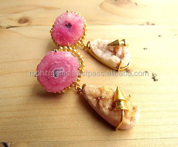 Pendientes de ágata rosa y marrón claro con balas de oro, pendientes colgantes con piedras preciosas