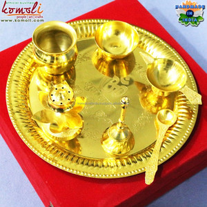 Brass Puja Thali Set of 5 Puja Items Silver Wedding Return Gift <strong>India</strong> - Product Image 4