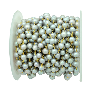 โซ่ลูกปัด-ลูกปัดกลม7-8มมสีเทาธรรมชาติมุกพลอยลูกประคำ-ลวดชุบทอง - Product Image 2