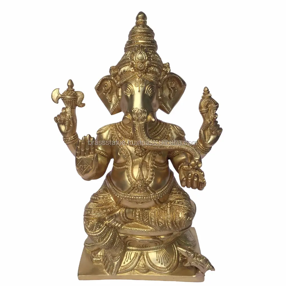 Ganesh Brass Sculpture In yellow Finish Indian religious Metal Idol Figure for decor and worship