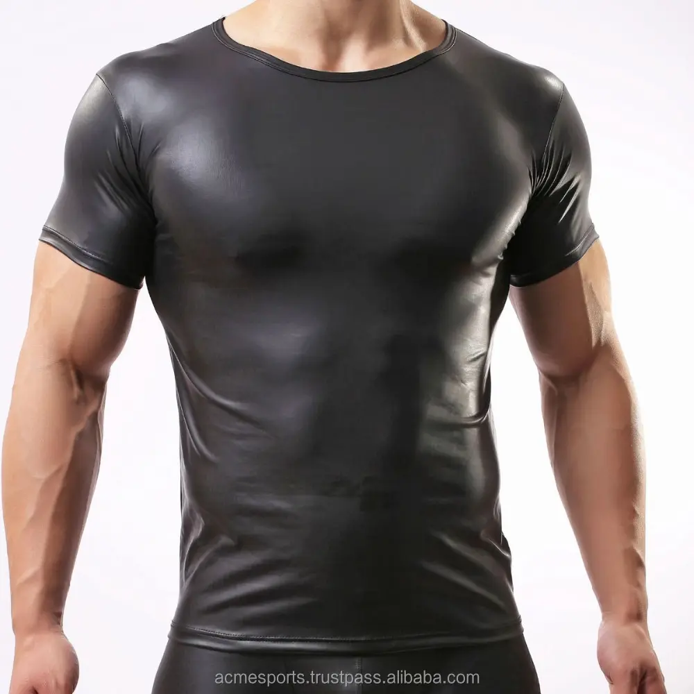Leather sleeves t shirt - PU sleeve and pocket leather t shirt for men/Custom wholesale T shirts
