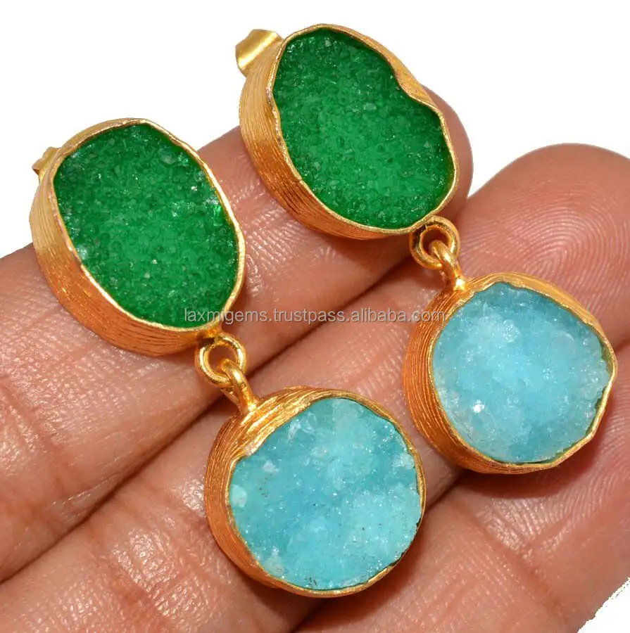 Linda Natural Druzy Verde & Blue sky Cor Feitas À Mão 925 Prata Esterlina Brincos de Pedras Preciosas