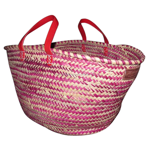 <strong>Best</strong> Selling High Quality Eco-friendly Red Market Basket with Fancy Top Edge Purple Rounds Short Leather from Vietnam