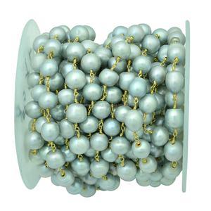 โซ่ลูกปัด-ลูกปัดกลม7-8มมสีเทาธรรมชาติมุกพลอยลูกประคำ-ลวดชุบทอง - Product Image 1