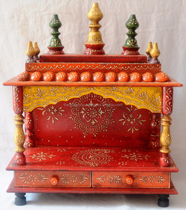 インドの手描きの最も要求の厳しい木造寺院2つの引き出し付きホーム & オフィスのプージャマンディール祝福儀式最高の聖なるコーナー - Product Image 4