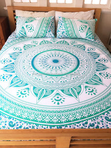 Green Indian Bed COVER Boho Bedspread Mandala Tapestry Comforter Cover Flat <strong>Sheet</strong> and 2 Matching Pillowcases Ombre Mandala - Product Image 2