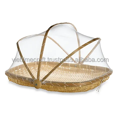 Cesta de frutas plegable de bambú, cesta de frutas de bambú con cubierta de red