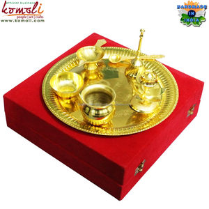 Aum นูนทองเหลืองสีทองเงิน Pooja รายการ Puja Thali อินเดียของขวัญประตูแต่งงาน - Product Image 4