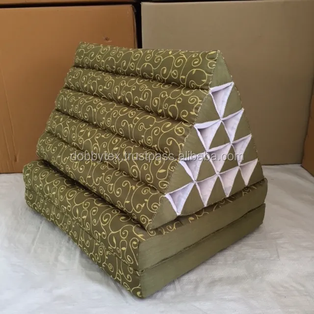 Oreiller triangle thaïlandais 2 plis, 15 trous/mcorne Sarm, musulman, floral, en soie verte, kapok, 100%