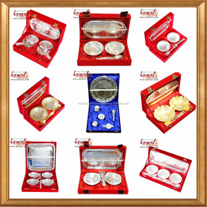 Brass Puja Thali Set of 5 Puja Items Silver Wedding Return Gift <strong>India</strong> - Product Image 5