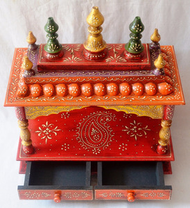 インドの手描きの最も要求の厳しい木造寺院2つの引き出し付きホーム & オフィスのプージャマンディール祝福儀式最高の聖なるコーナー - Product Image 3