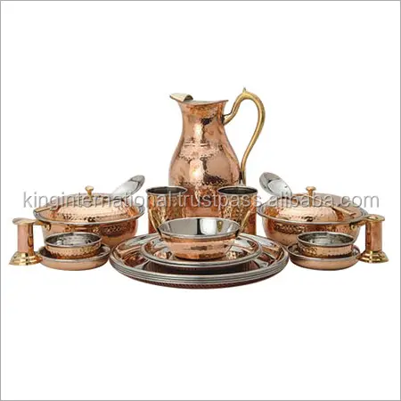 Stoviglie indiane in acciaio inossidabile ottone tradizionale Set da 1 piatto Thali 5 ciotole 1 bicchiere e 1 cucchiaio KING