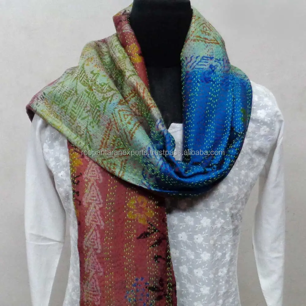 Syal India Katun Reversibel Bordir Tangan Kantha Sutra