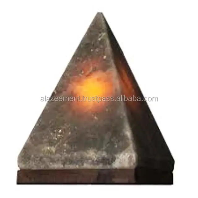 Lámpara de sal de roca de cristal con forma de pirámide del Himalaya de piedra gris única Piedra de sal finamente tallada a mano Fijada en base de madera Premium