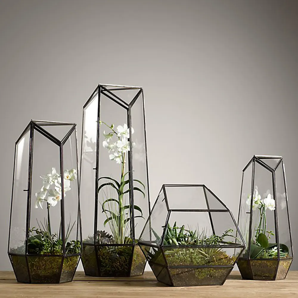 Terrário de vidro ou vasos de vidro de forma geométrica, de alta qualidade, para plantas, tamanhos personalizados, design para decoração de sala de estar