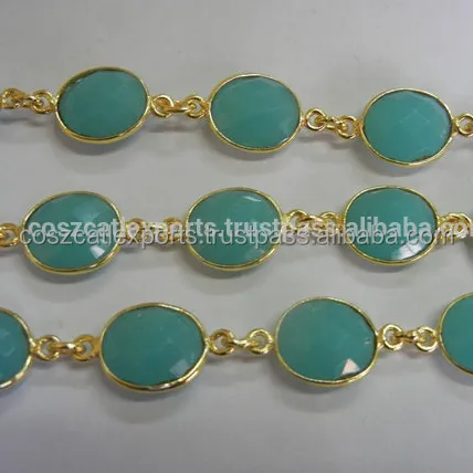 Blue Aqua Chalcedony Connector Chain Chalcedony 24k Gold Plated Bezel Continuous Connectors Beaded