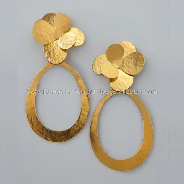 Gold Plated Women's Hammered Design Wedding Brass Finish Stud Earrings