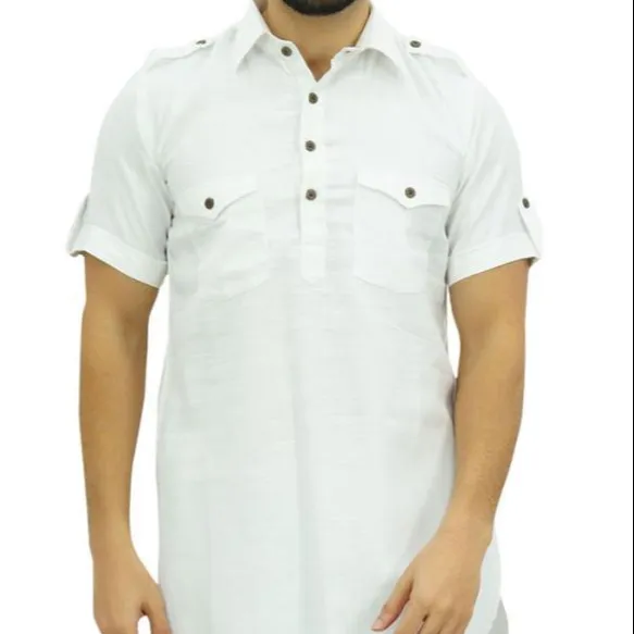 Men's Kurta Indian Cotton Long Sleeve Wooden Button One Pocket Front Side _ 13