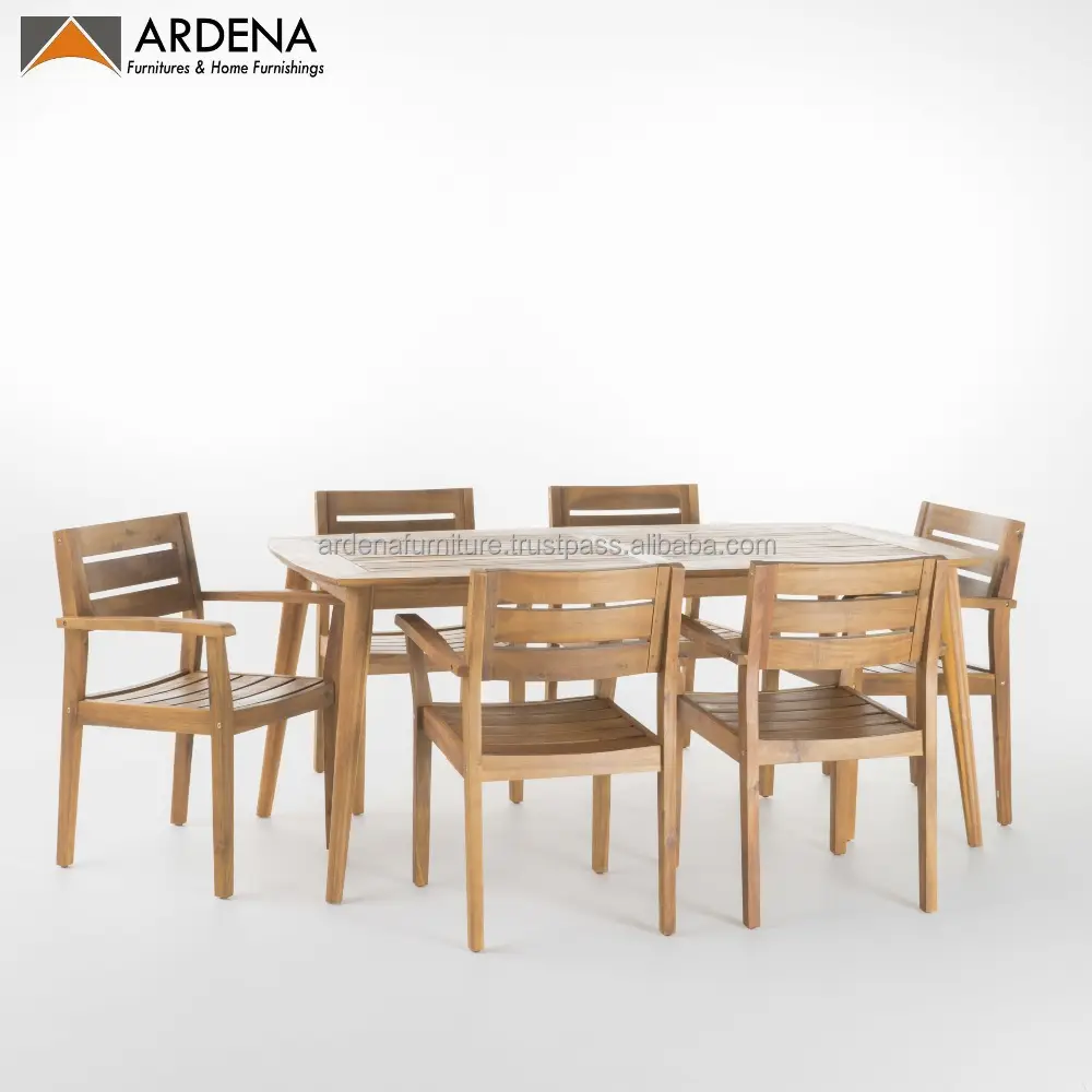 Commercio all'ingrosso a buon mercato mobili in legno minimalista Teak tavolo da pranzo con sei sedie mobili da giardino all'aperto