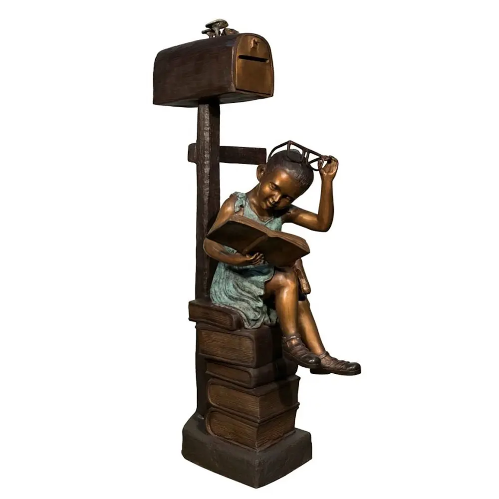 bronze girl reading book mailbox statue sculpture for sale