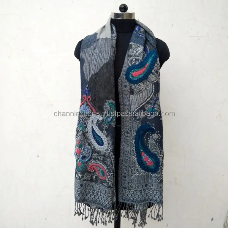 High Fashion Classic Ethnic Indian Hand Embroidery Cashmere Wool Shawls From Jaipur Colorful Hand Embroidered Wool Scarf