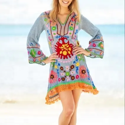 En Venta de moda tendencia Vintage étnicos ropa Floral bordado mexicano túnica Mini vestido de las mujeres de manga completa verano