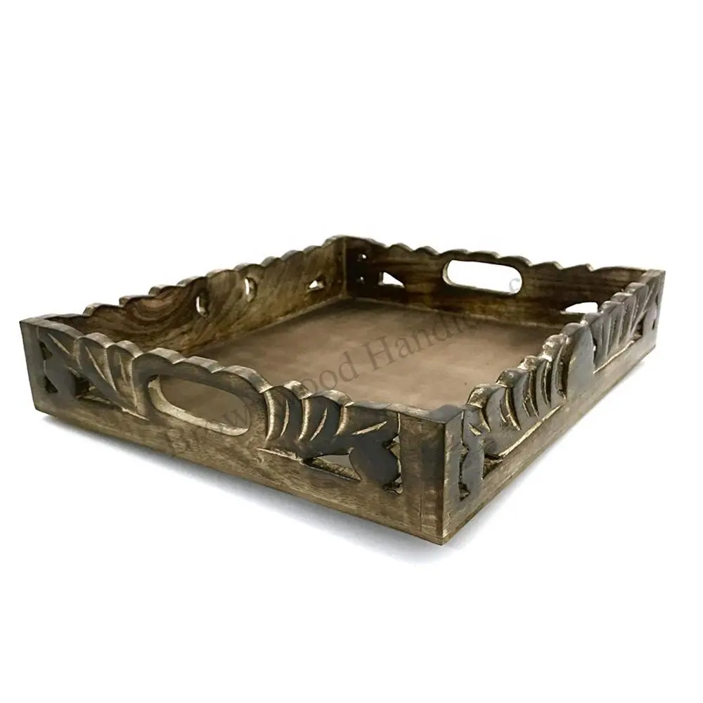New Design Anti Slip Brown Texture Hand Carved Serving Tray for Bar and Hotels Wooden Handmade Carving Tray For Serving