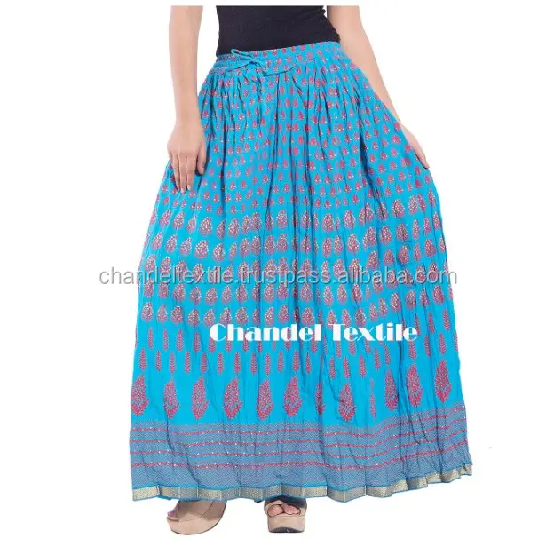 Jaipuri Rajasthani 코튼 블록 페이즐리 꽃 프린트 스트레이트 롱 스커트 여성용 인도 스커트 드레스 boho 랩 스커트