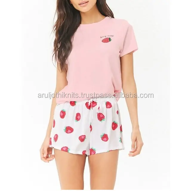 Strawberry Printed Women's Sleepwear Night Suits for Women Ladies Nightwear Pajama Set Womens Pajama Sets 2 Piece Cotton Shorts