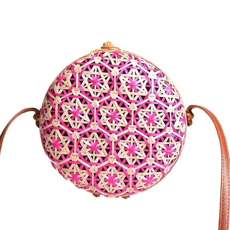 Handmade round Rattan Beach Bag for Women Lady-Style Bamboo Bag from Vietnam with Unique Decoration and Pattern
