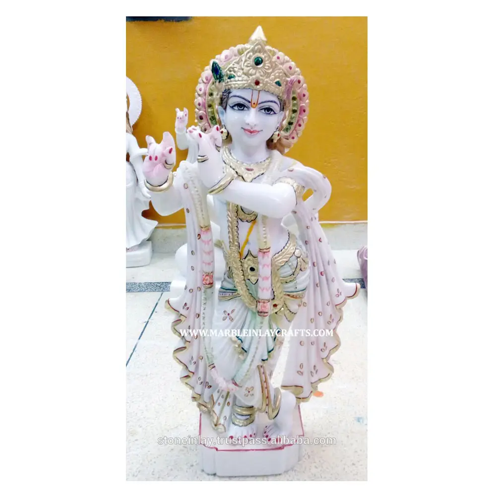 Personalizza il lavoro fatto a mano in marmo bianco naturale in piedi opera d'arte scultura Lord Krishna per il tempio di casa